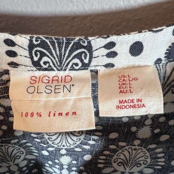 Sigrid Olsen Tunic Top Women’s Size L 100% Linen Navy & White 3/4 Sleeve Casual - Picture 4 of 6